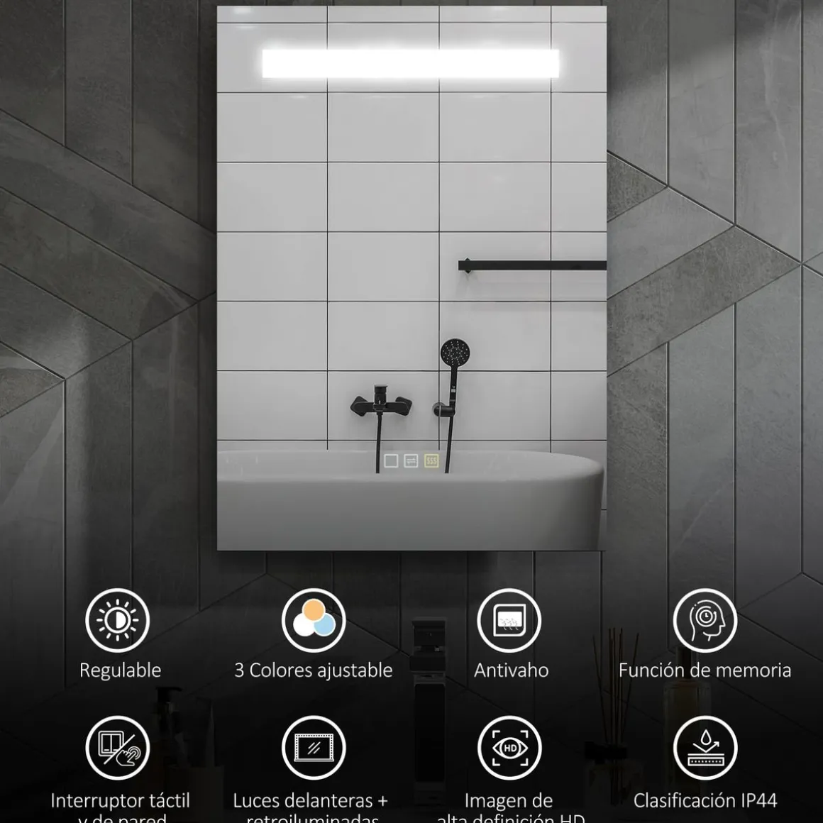Espejo de baño Veldra Homcom 3 colores táctil plata 70x50 cm