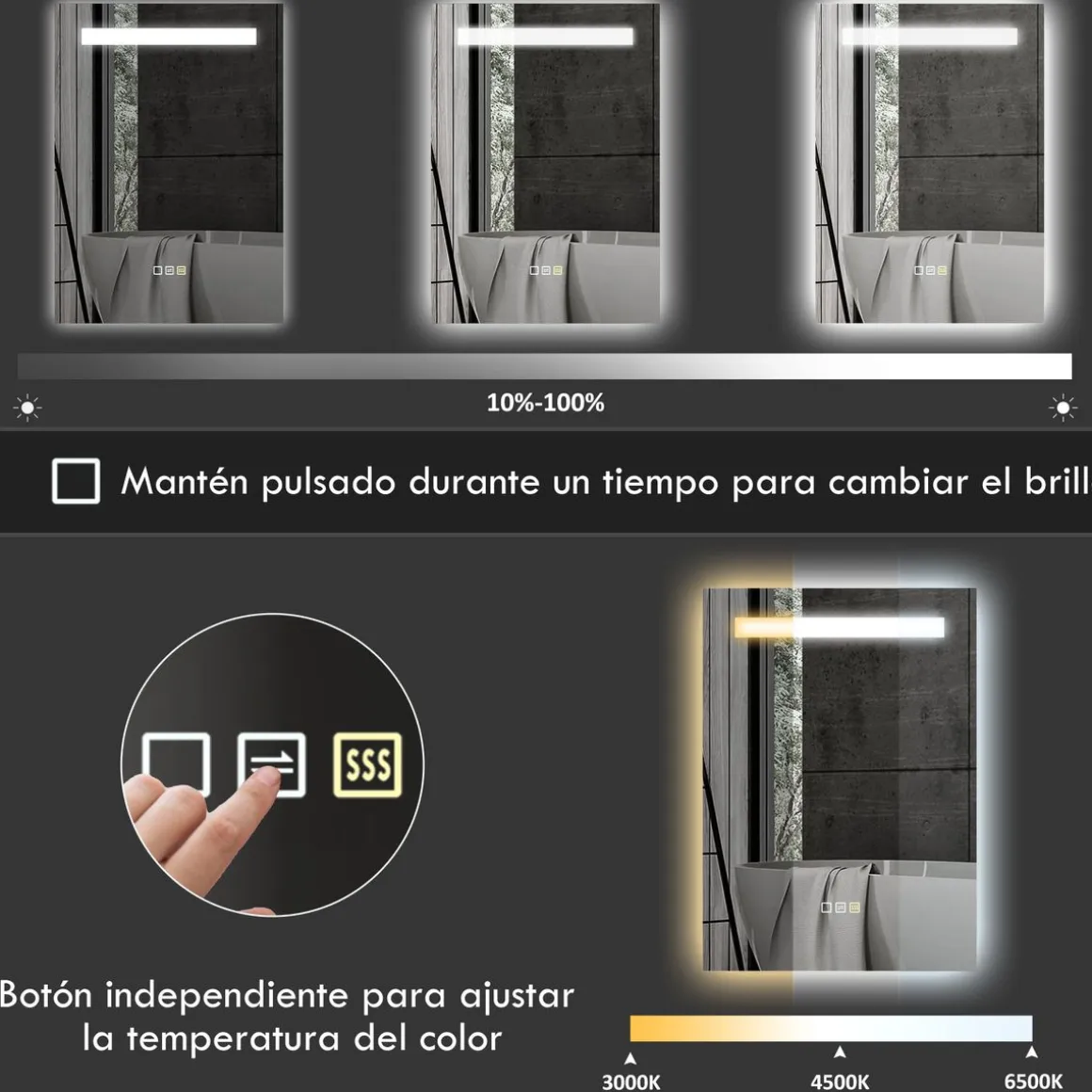 Espejo de baño Veldra Homcom 3 colores táctil plata 70x50 cm