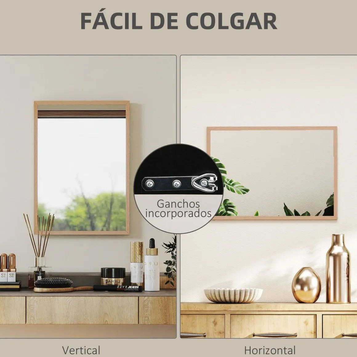 Espejo de pared Malva Homcom con marco natural 70x50x2 cm