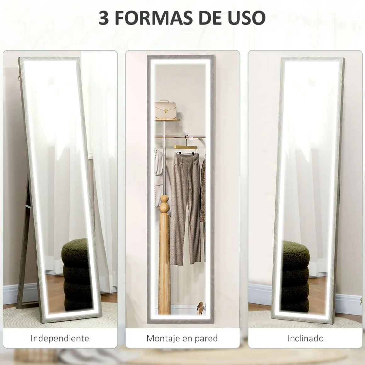 Espejo de pie Nerpio Homcom luz LED ajustable blanco 160x40 cm