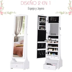 Espejo de pie Rob Homcom abatible con luces LED + puerta + cajón blanco 150x45x36 cm