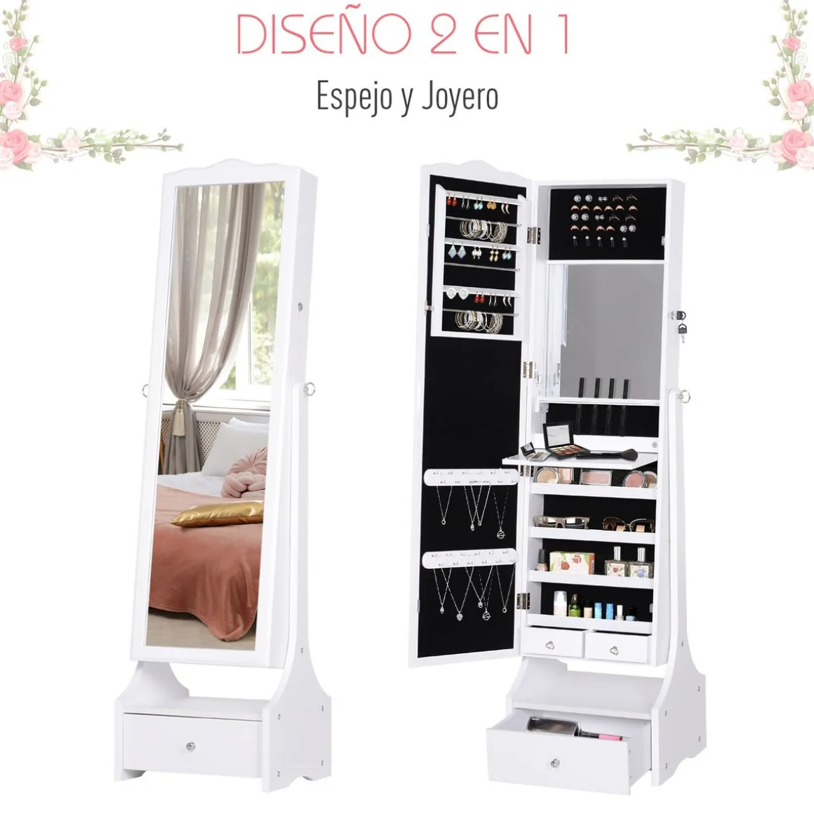 Espejo de pie Rob Homcom abatible con luces LED + puerta + cajón blanco 150x45x36 cm