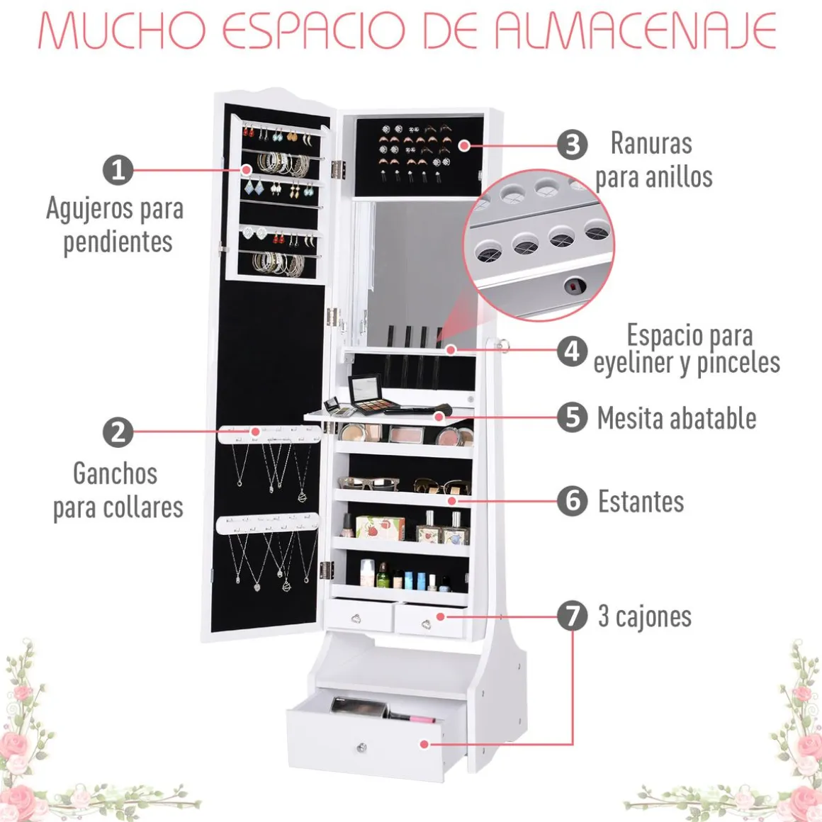 Espejo de pie Rob Homcom abatible con luces LED + puerta + cajón blanco 150x45x36 cm