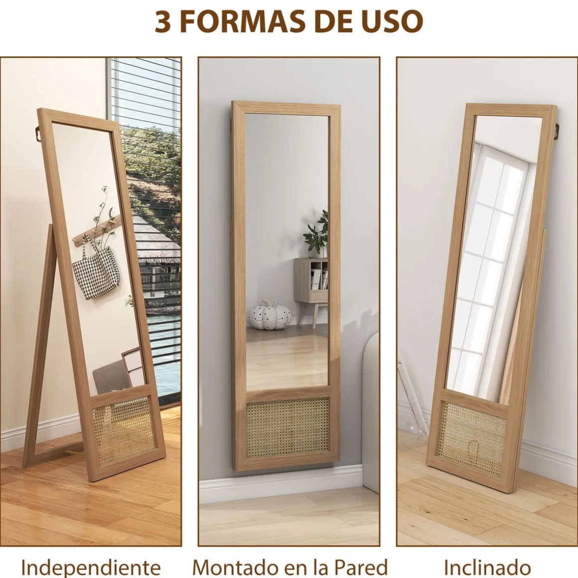 Espejo de pie Salvia Homcom con marco y soporte natural 158x50x45 cm