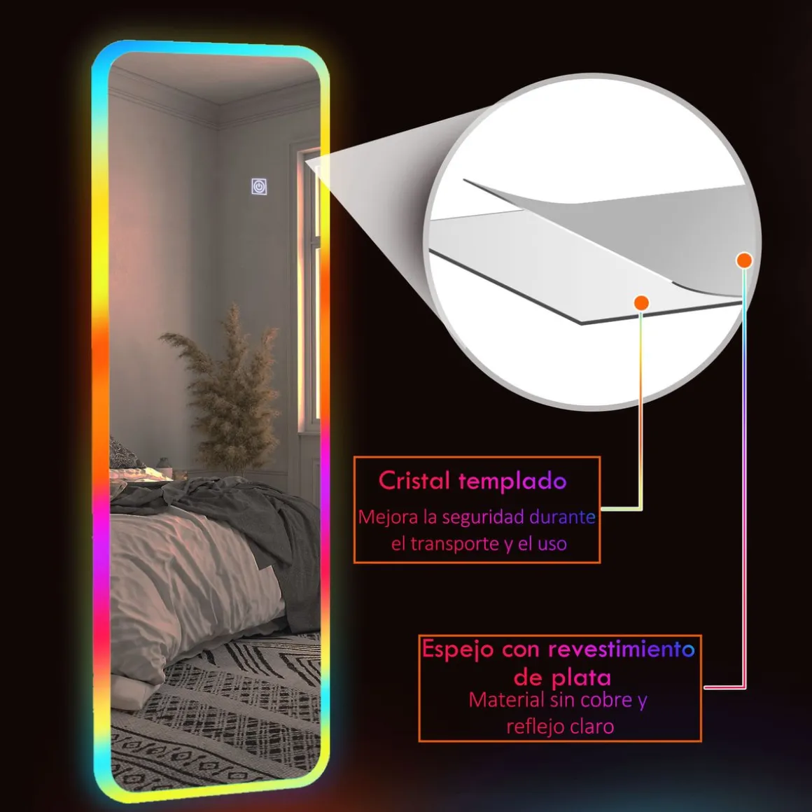 Espejo Defford Homcom luces LED 7 colores RGB 120x40 cm