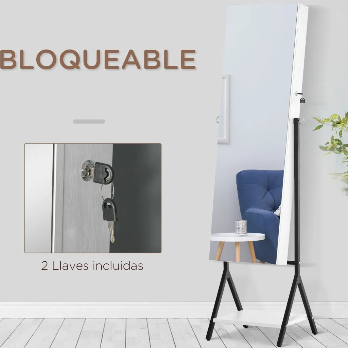 Espejo joyero Glam Homcom ángulo ajustable blanco/negro 157x47x36 cm