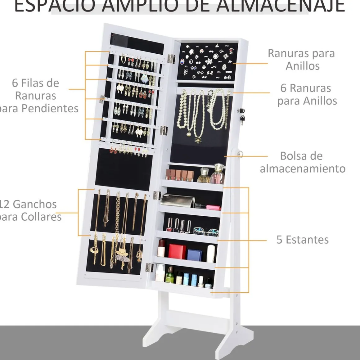 Espejo joyero Wendy Homcom 20 luces LEDs reclinable blanco 146x40x37 cm