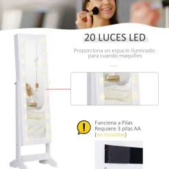 Espejo joyero Wendy Homcom 20 luces LEDs reclinable blanco 146x40x37 cm