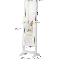 Espejo joyero Wendy Homcom 20 luces LEDs reclinable blanco 146x40x37 cm
