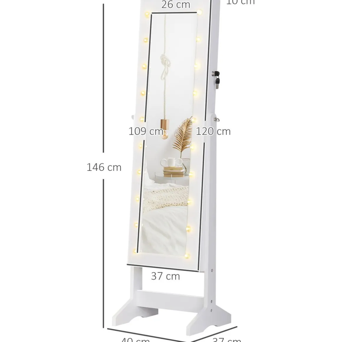 Espejo joyero Wendy Homcom 20 luces LEDs reclinable blanco 146x40x37 cm