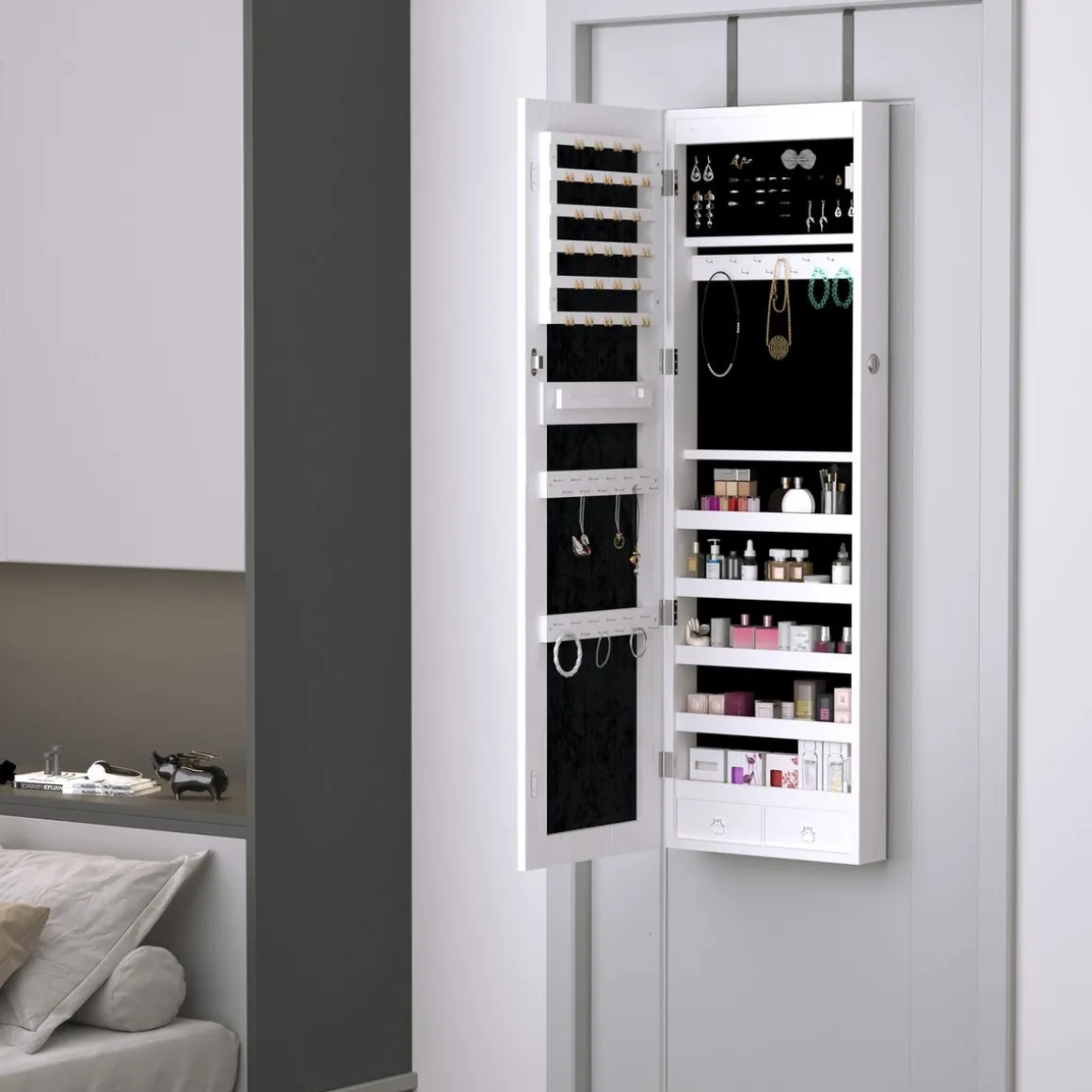 Espejo joyero Yoice Homcom con puerta 5 estantes + 2 cajones blanco 120x37x10 cm