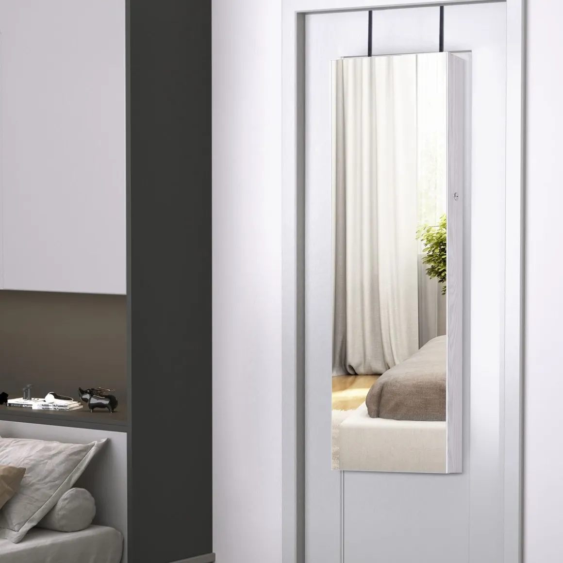 Espejo joyero Yoice Homcom con puerta 5 estantes + 2 cajones blanco 120x37x10 cm