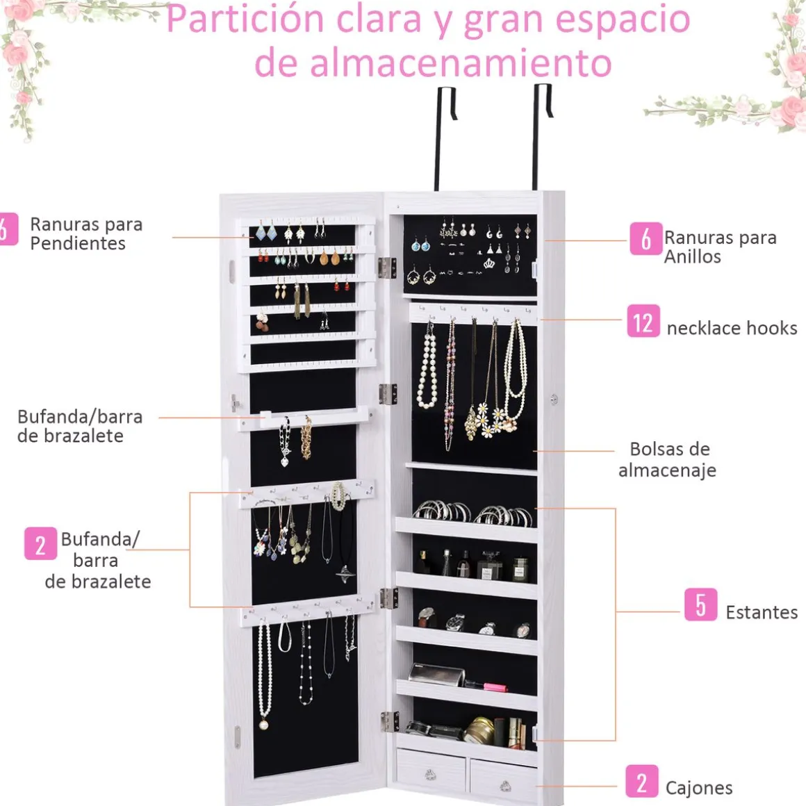 Espejo joyero Yoice Homcom con puerta 5 estantes + 2 cajones blanco 120x37x10 cm