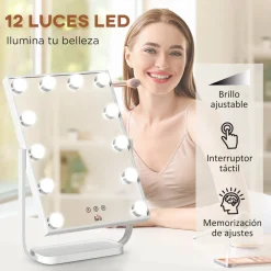 Espejo Lokin Homcom 3 modos 12 LEDs blanco 47,4x32,8x11 cm