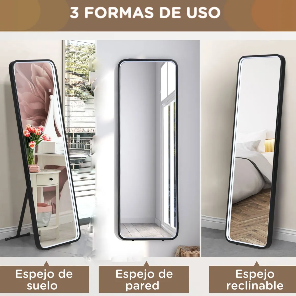 Espejo Lucke Homcom con luz LED ajustable 3 colores negro 151,5x50 cm