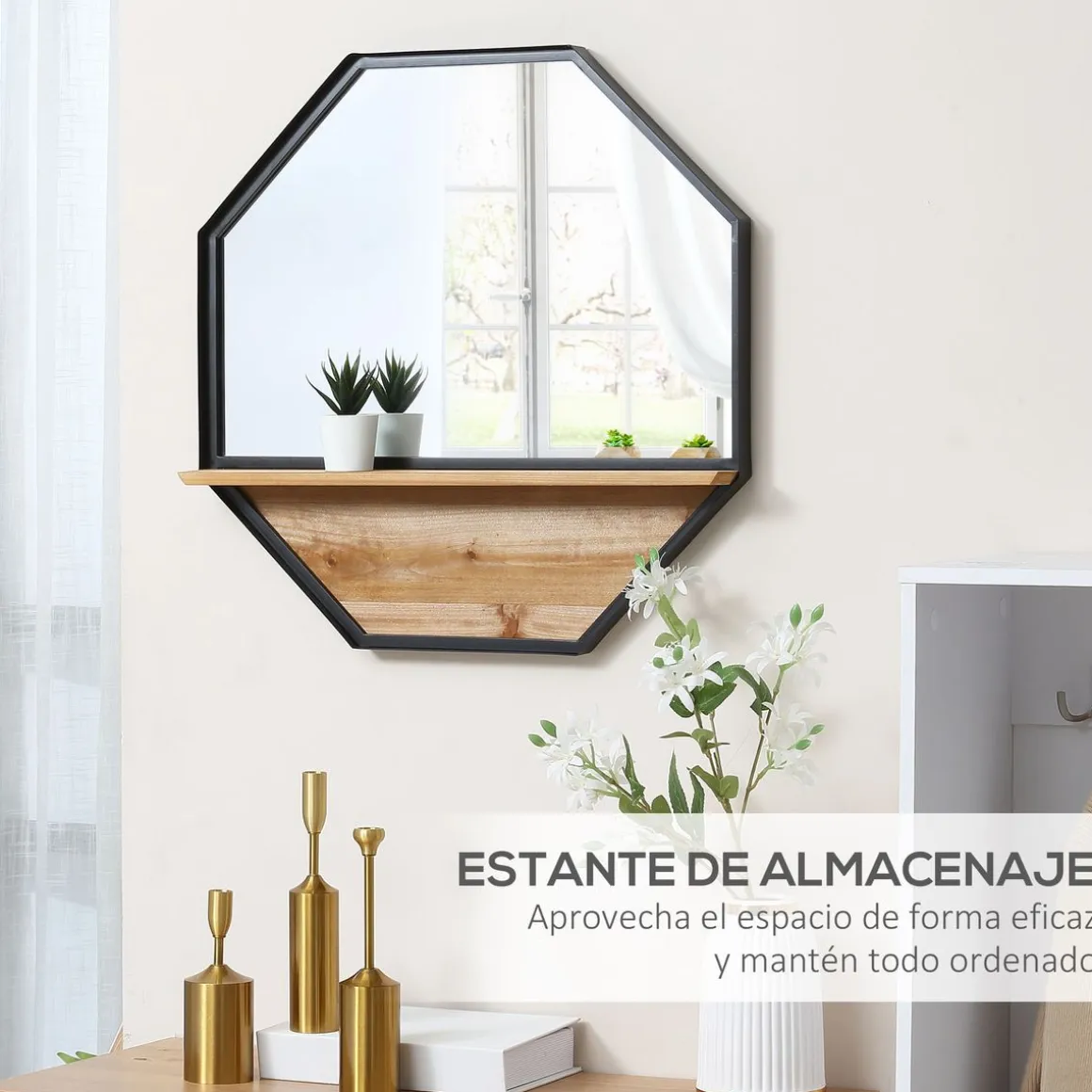 Espejo Octogal Homcom con estante negro 61x61x8,4 cm