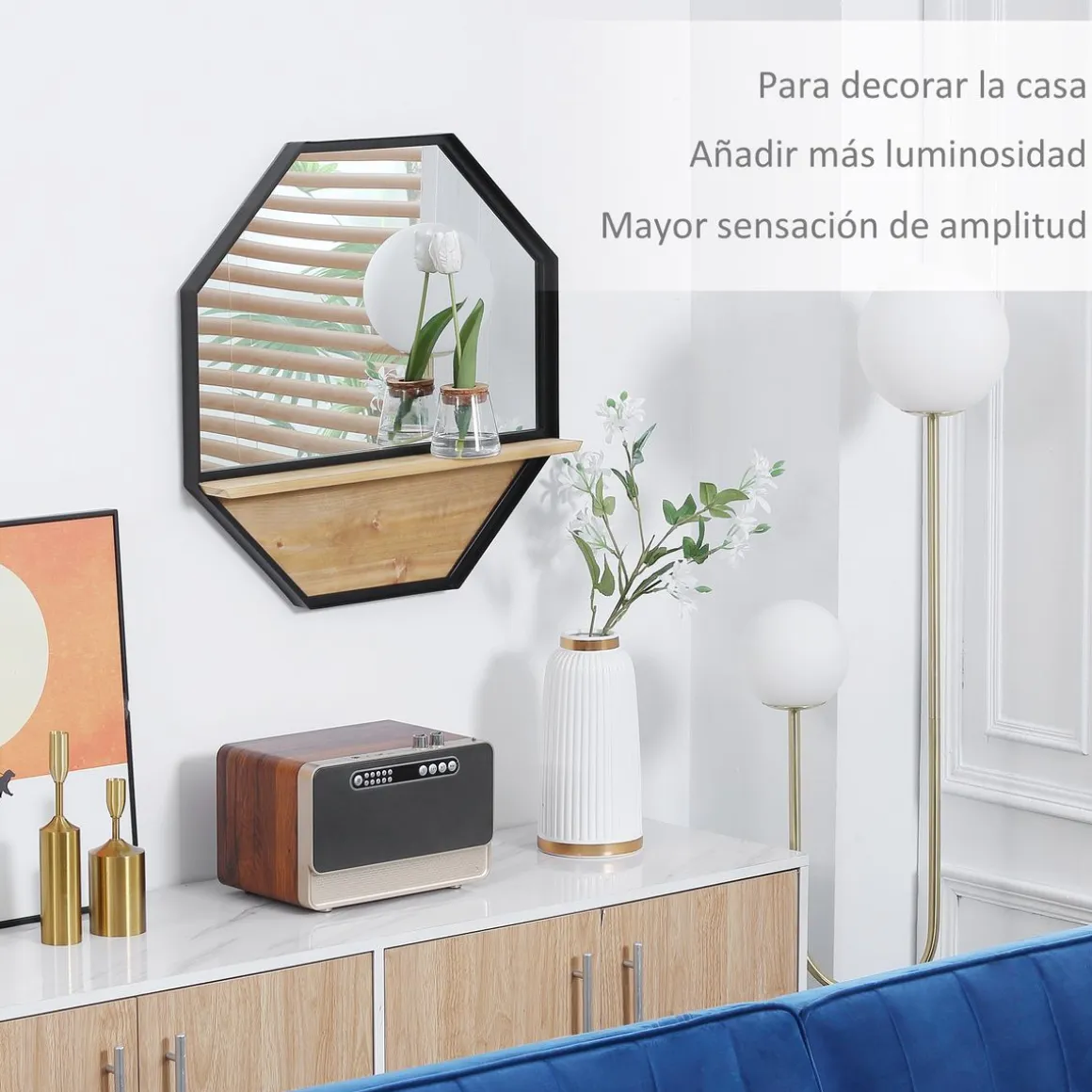 Espejo Octogal Homcom con estante negro 61x61x8,4 cm