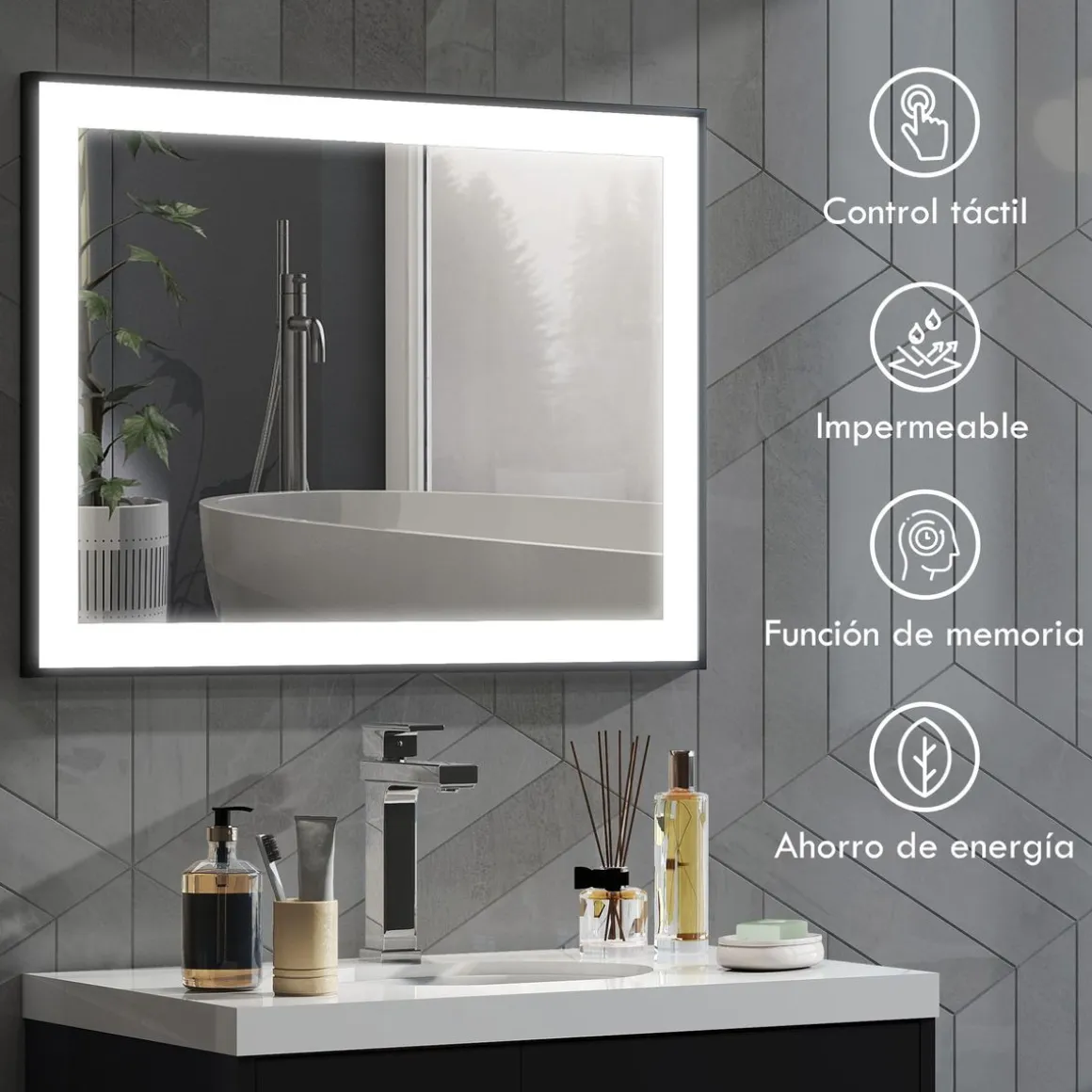 Espejo Oval Homcom antivaho con luz LED negro 60x80x3 cm