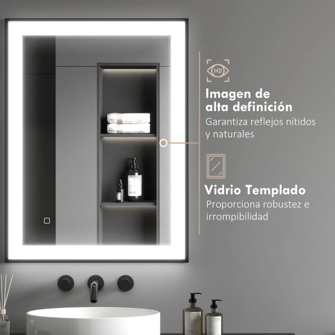 Espejo Oval Homcom antivaho con luz LED negro 60x80x3 cm