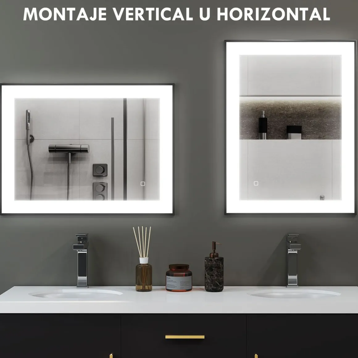 Espejo Oval Homcom antivaho con luz LED negro 60x80x3 cm