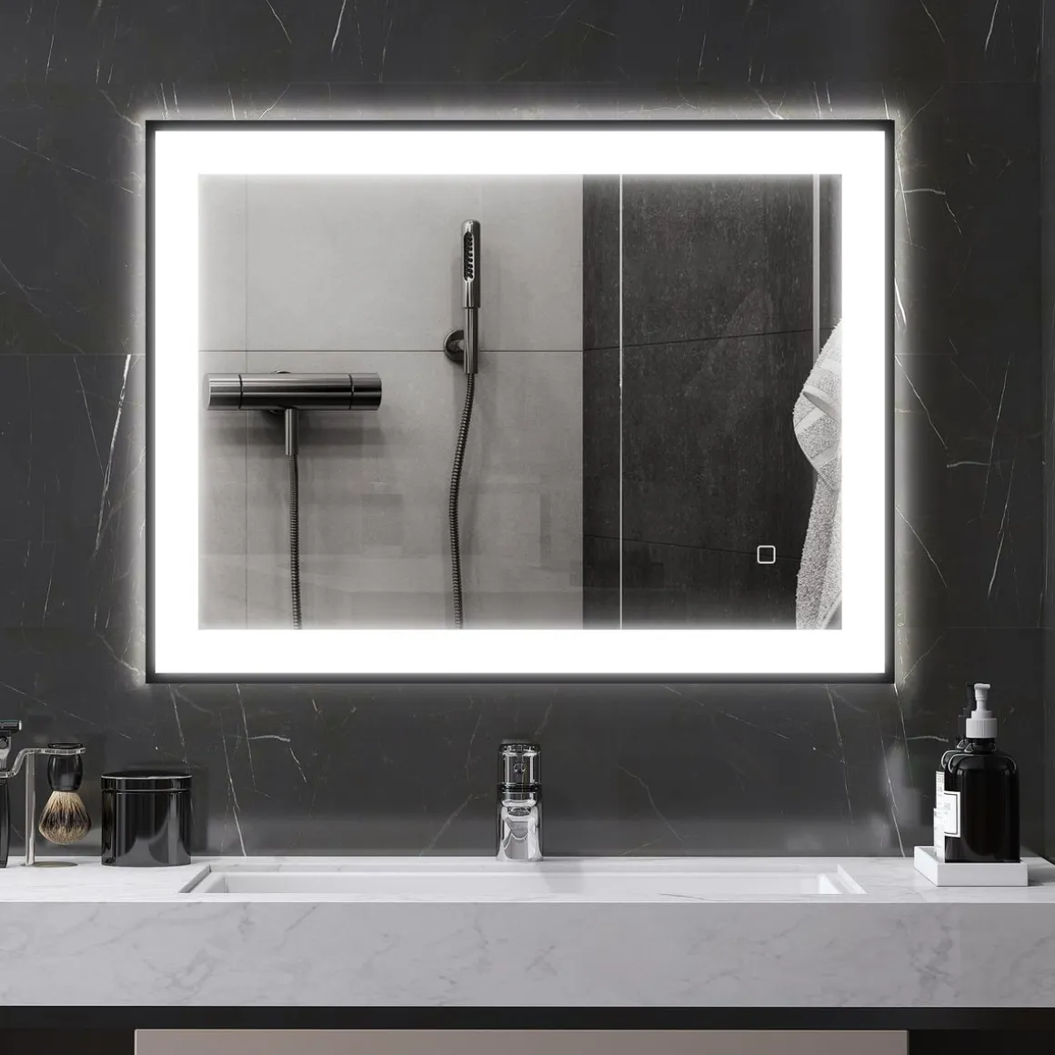 Espejo Oval Homcom antivaho con luz LED negro 60x80x3 cm