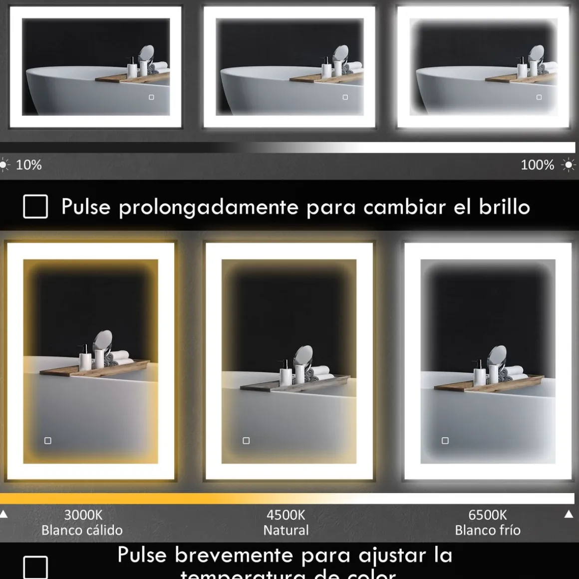 Espejo Oval Homcom antivaho con luz LED negro 60x80x3 cm