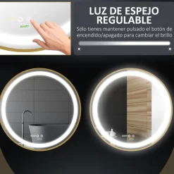 Espejo redondo Adán Kleankin con luz LED control táctil dorado Ø60x4 cm