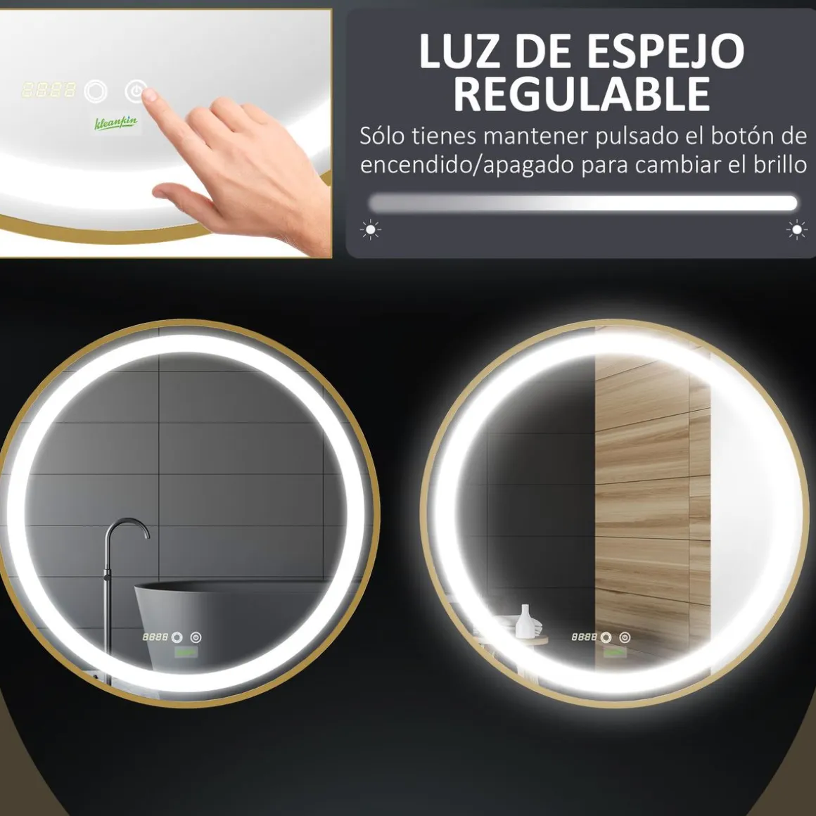 Espejo redondo Adán Kleankin con luz LED control táctil dorado Ø60x4 cm