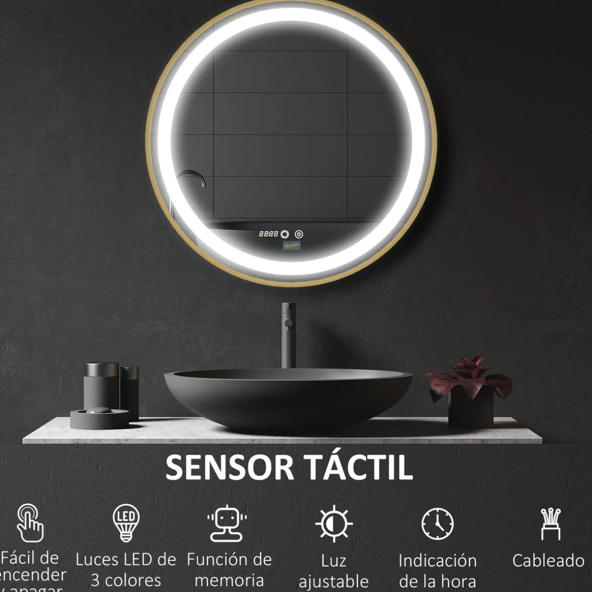 Espejo redondo Adán Kleankin con luz LED control táctil dorado Ø60x4 cm