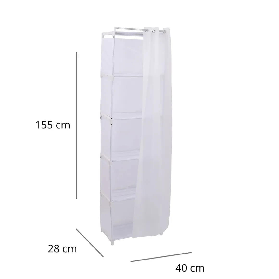 Estantería auxiliar con 5 estantes y cortina blanco 155x40x28 cm
