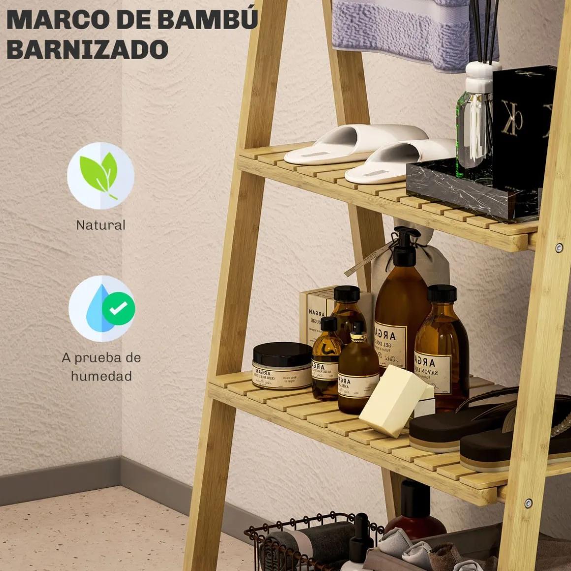 Estantería auxiliar Lazo Homcom con 3 estantes + barras natural 53x53,5x30 cm