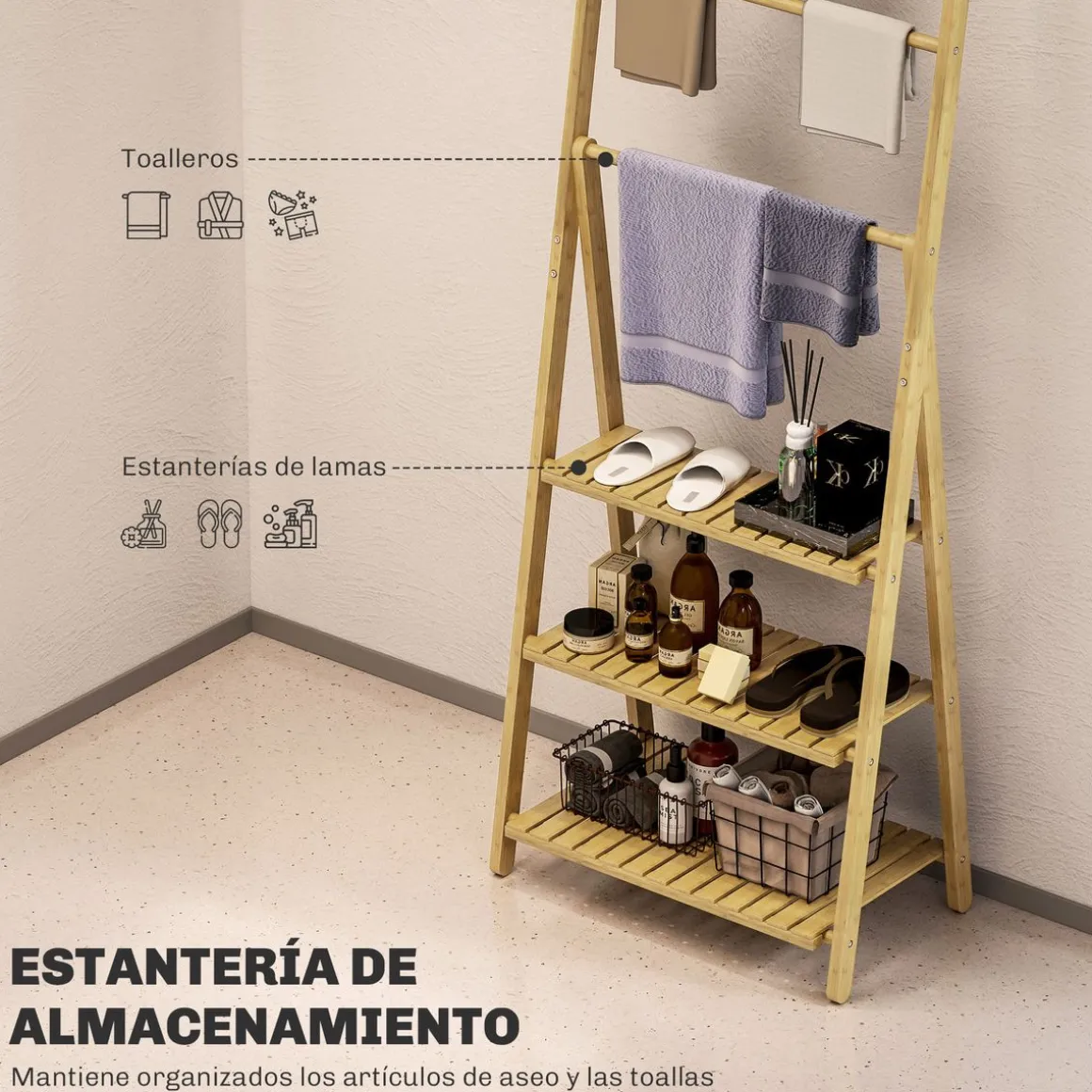 Estantería auxiliar Lazo Homcom con 3 estantes + barras natural 53x53,5x30 cm