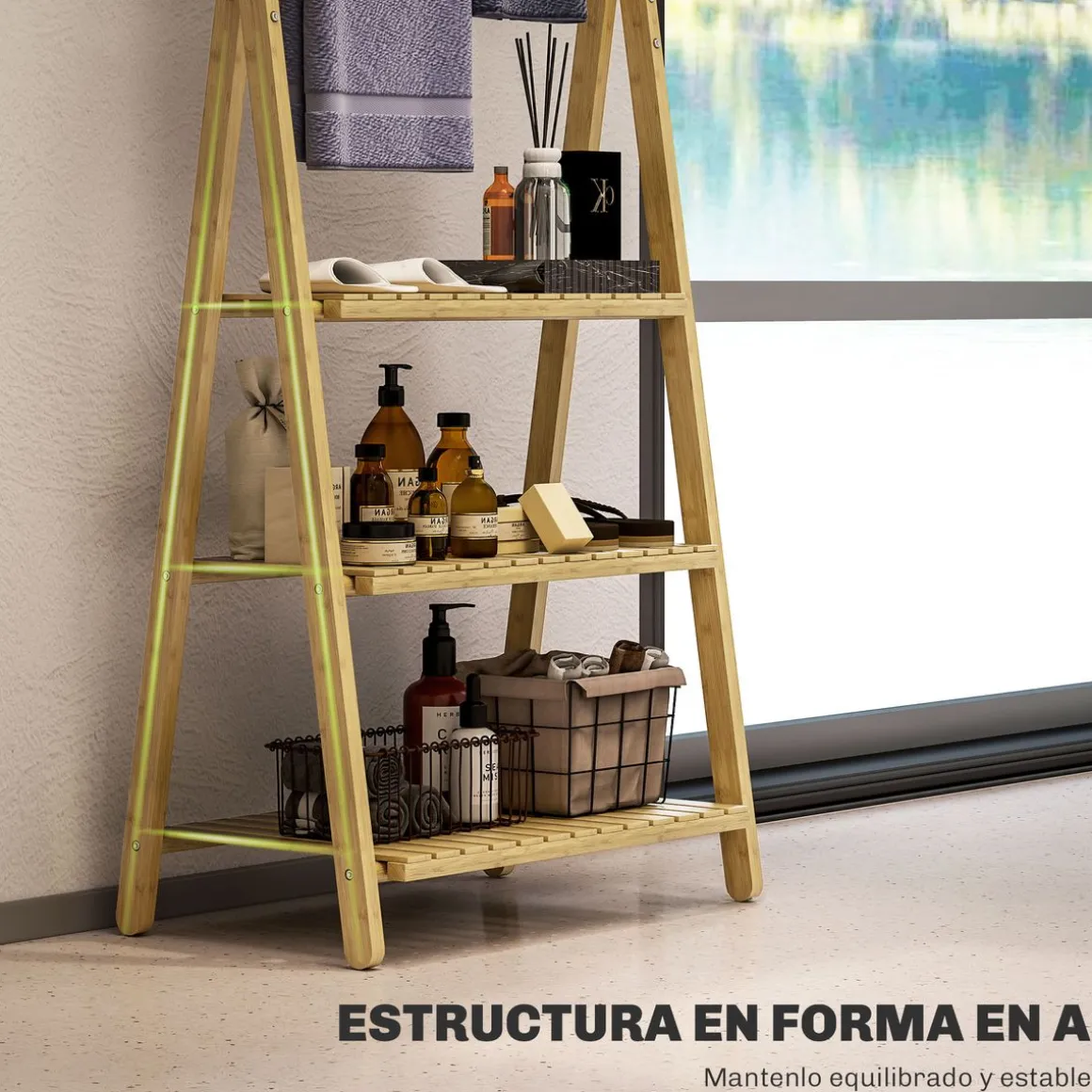 Estantería auxiliar Lazo Homcom con 3 estantes + barras natural 53x53,5x30 cm