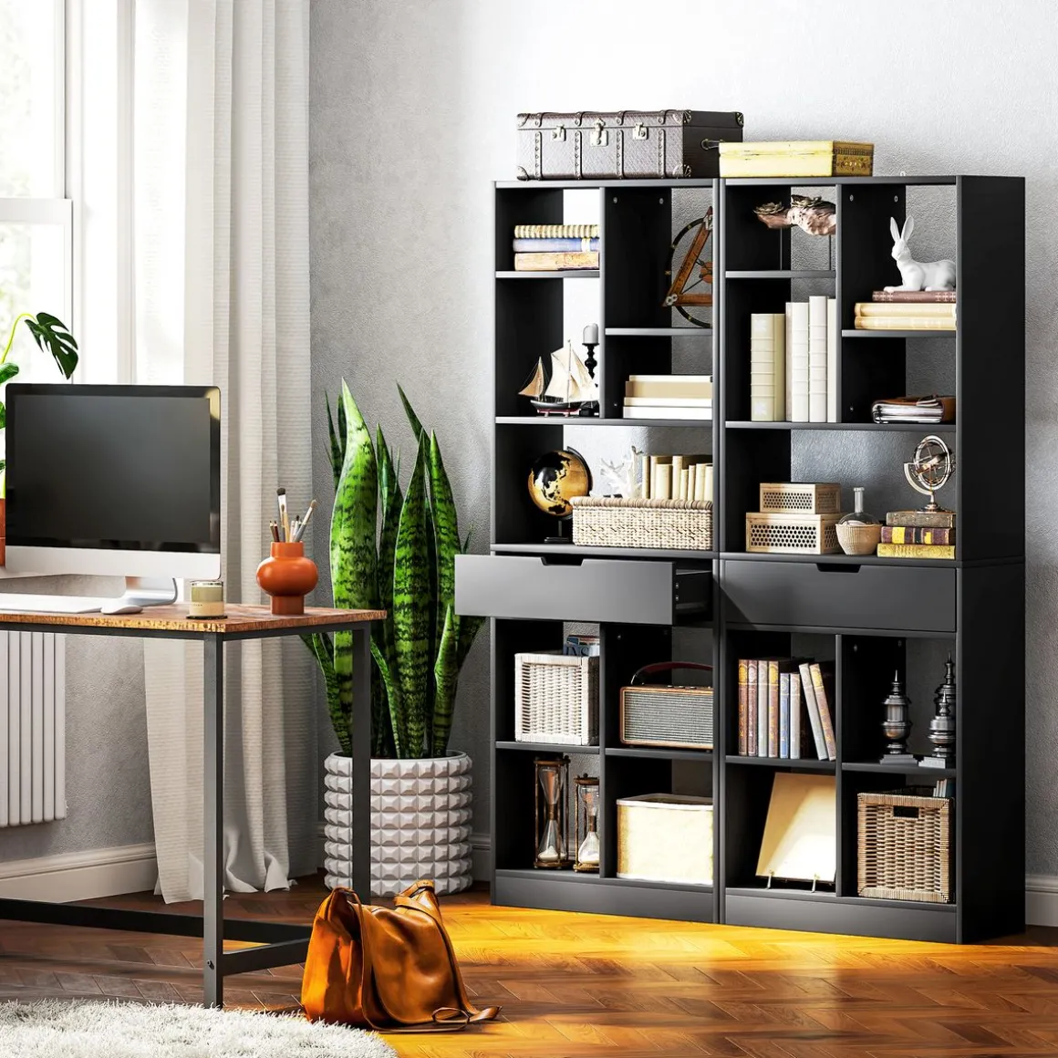 Estantería Color Homcom 9 compartimentos + 1 cajón negro 158x60x26 cm