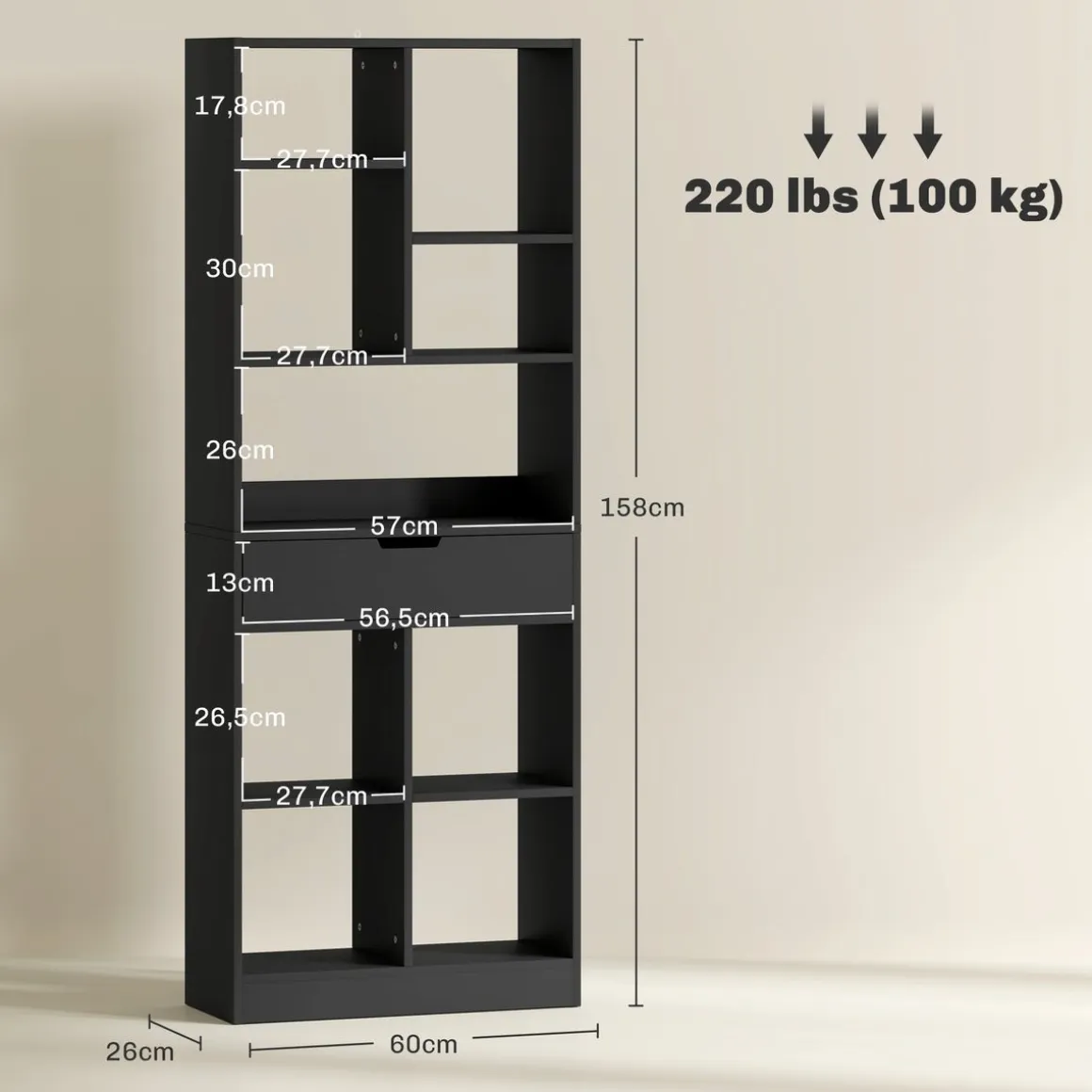 Estantería Color Homcom 9 compartimentos + 1 cajón negro 158x60x26 cm