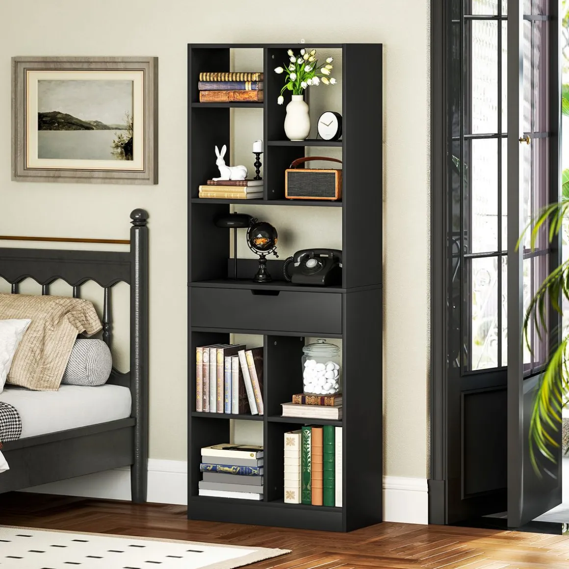 Estantería Color Homcom 9 compartimentos + 1 cajón negro 158x60x26 cm