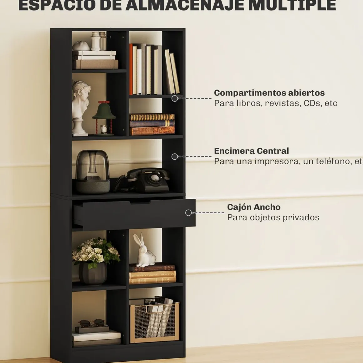 Estantería Color Homcom 9 compartimentos + 1 cajón negro 158x60x26 cm