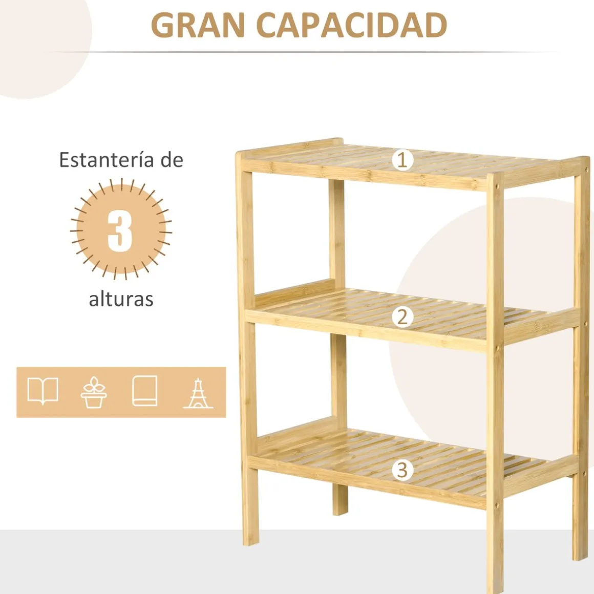 Estantería Dawai Homcom 3 niveles bambú natural 80x62x33 cm
