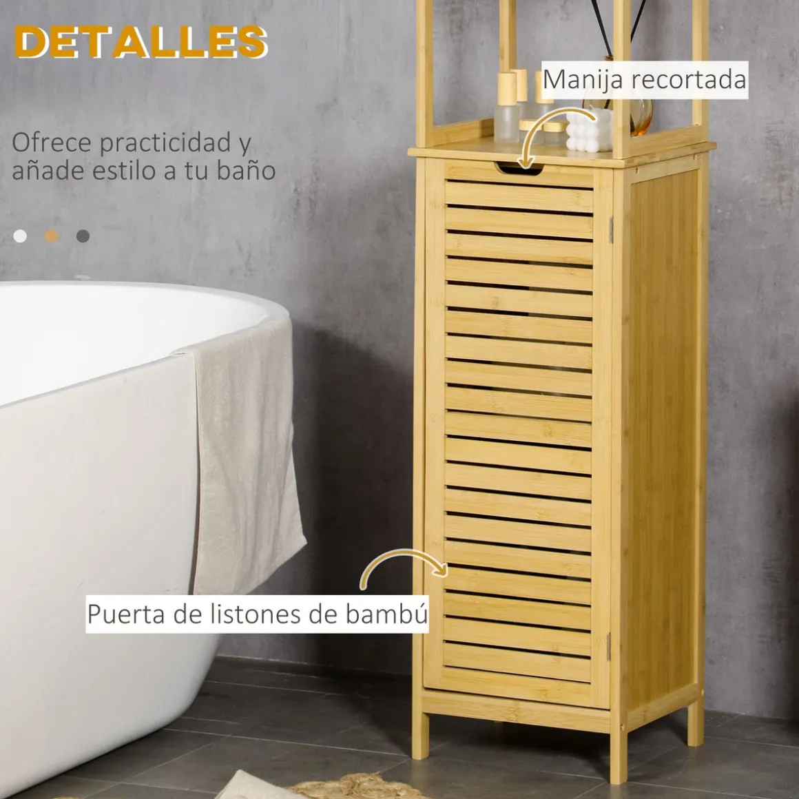 Estantería de baño Kaleh Kleankin 3 estantes + armario natural 173x34x30 cm