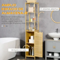 Estantería de baño Kaleh Kleankin 3 estantes + armario natural 173x34x30 cm