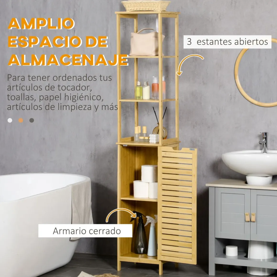 Estantería de baño Kaleh Kleankin 3 estantes + armario natural 173x34x30 cm
