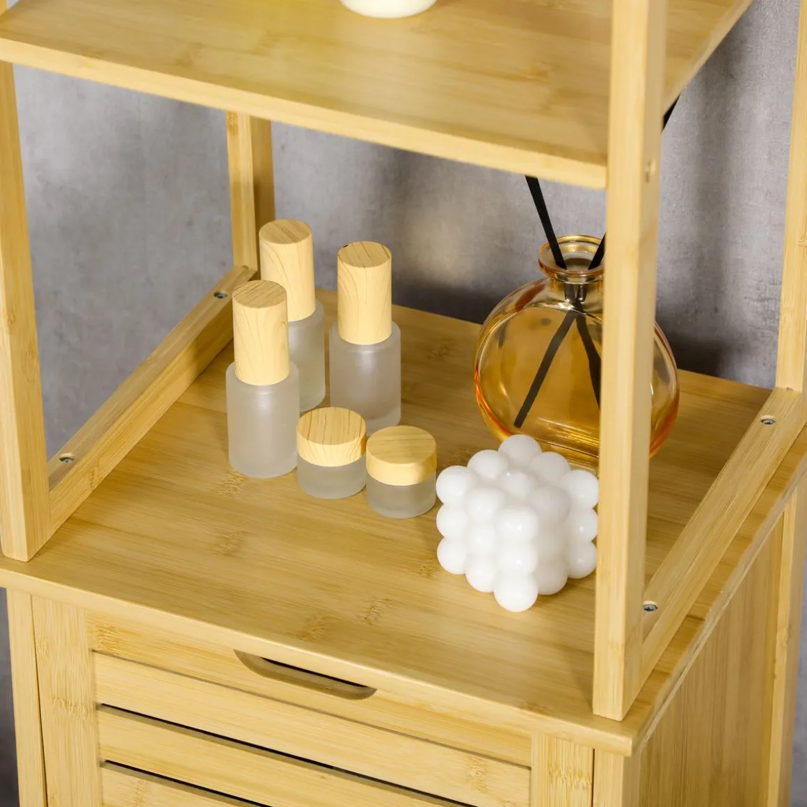 Estantería de baño Kaleh Kleankin 3 estantes + armario natural 173x34x30 cm