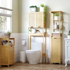 Estantería de baño Kaleh Kleankin 3 estantes + armario natural 173x34x30 cm