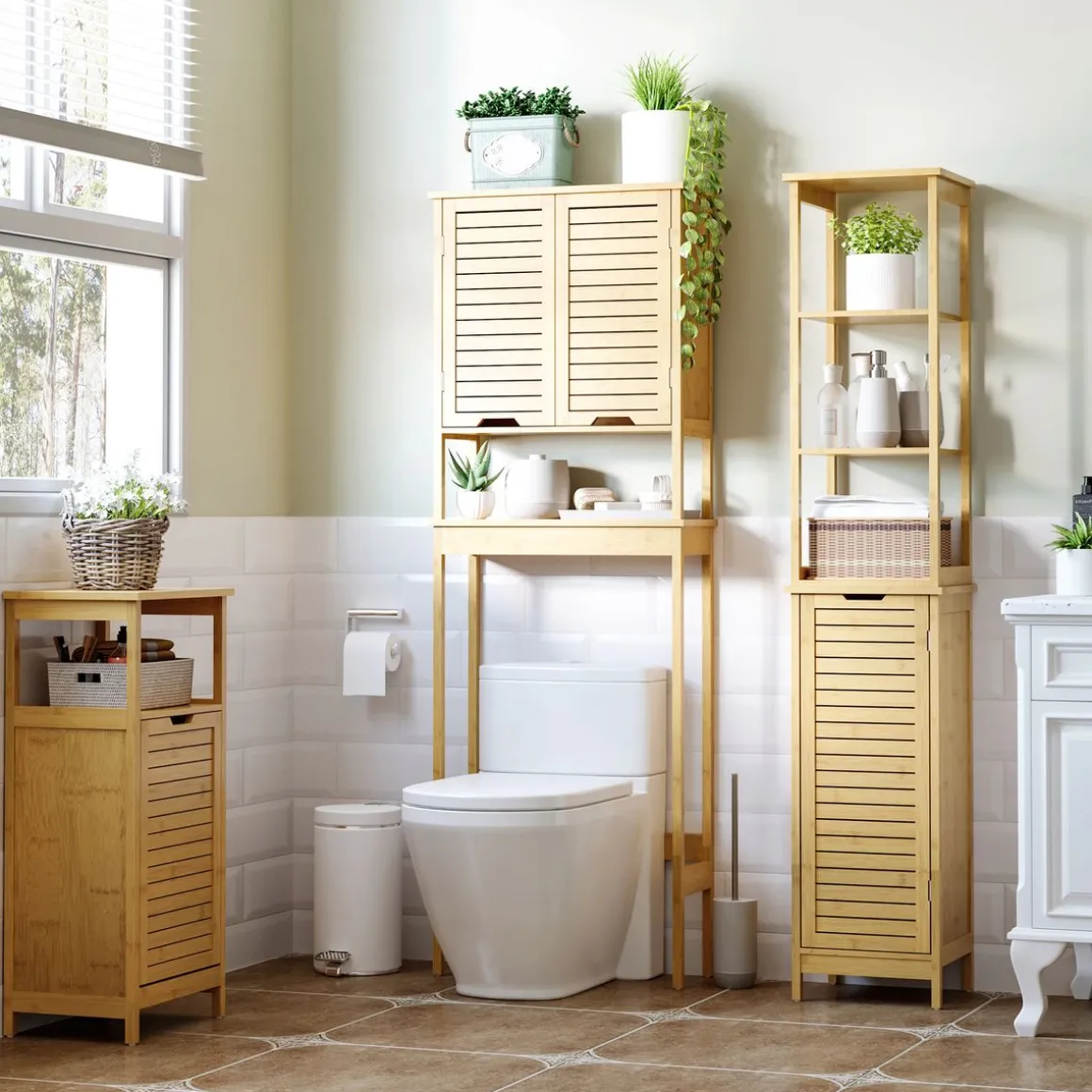 Estantería de baño Kaleh Kleankin 3 estantes + armario natural 173x34x30 cm