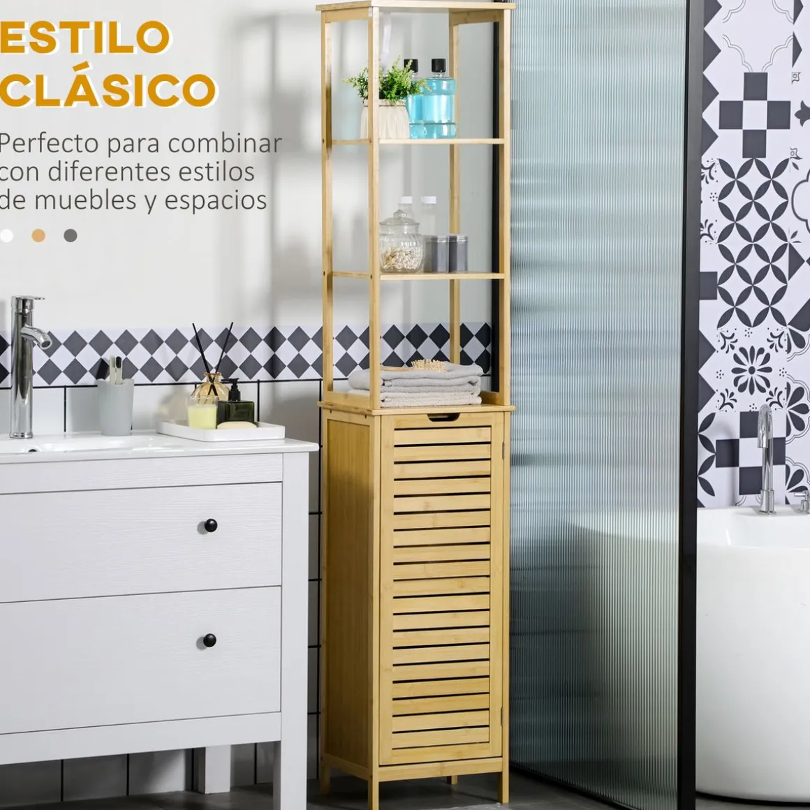 Estantería de baño Kaleh Kleankin 3 estantes + armario natural 173x34x30 cm