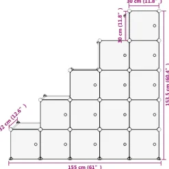 Estantería de cubos escalonada 15 compartimentos con puertas transparente 153,5x155x32 cm