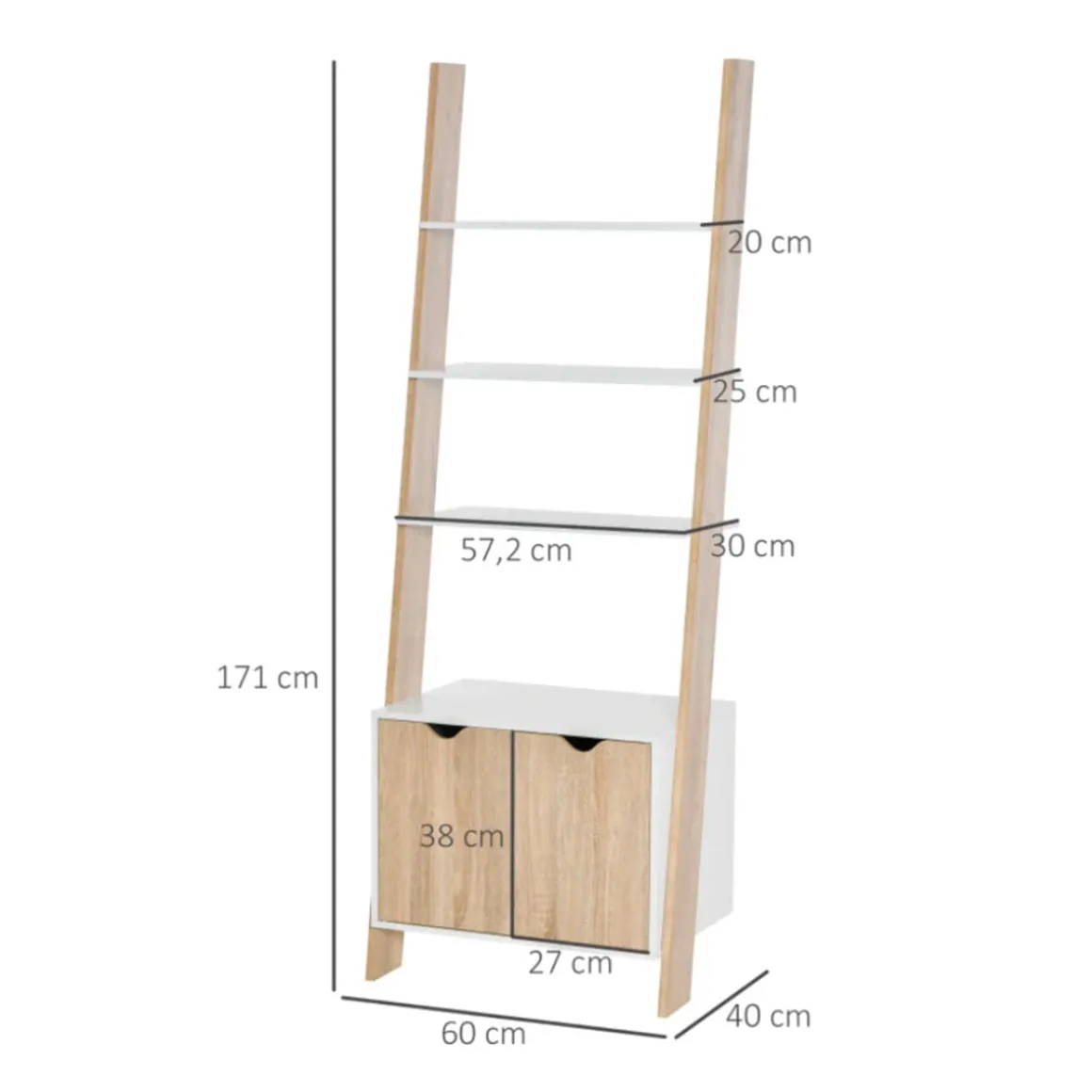 Estantería de escalera Homcom 3 estantes 1 armario blanco/natural 171x60x40 cm