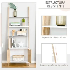 Estantería de escalera Homcom 3 estantes 1 armario blanco/natural 171x60x40 cm
