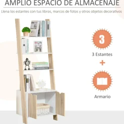 Estantería de escalera Homcom 3 estantes 1 armario blanco/natural 171x60x40 cm
