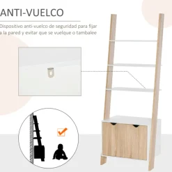 Estantería de escalera Homcom 3 estantes 1 armario blanco/natural 171x60x40 cm